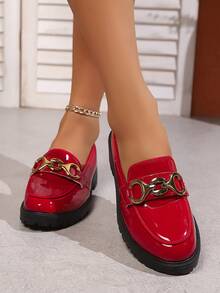 Women's Fashion Bow Decor Loafer Shoes, Shiny Metal Buckle, School Style Flat Shoes - Red - View 4