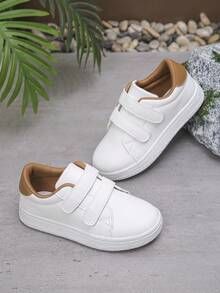 1 Pair Unisex Children Casual Hook And Loop Sneakers, Comfortable Slip-On Flat Shoes Suitable For Outdoor Wear All Seasons - White - View 2