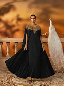 AmazingHoney 奢华端庄卡夫坦长袍，金色亮片装饰，缎纹面料，派对长袍，卡夫坦长袍，长袍长袍（超大尺码 - 请查看尺码表） - 黑色 - 查看 6