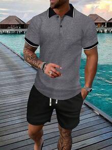 男士两件套 Polo 衫和短裤套装 - 休闲夏季服装、运动服、透气、短袖、抽绳腰带、运动服 - 深灰色 - 查看 3