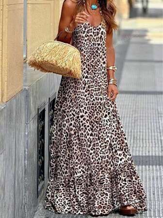 Women's Leopard Print Bohemian Style Casual Vacation Travel Backless Sexy Ruffle Hem Dress