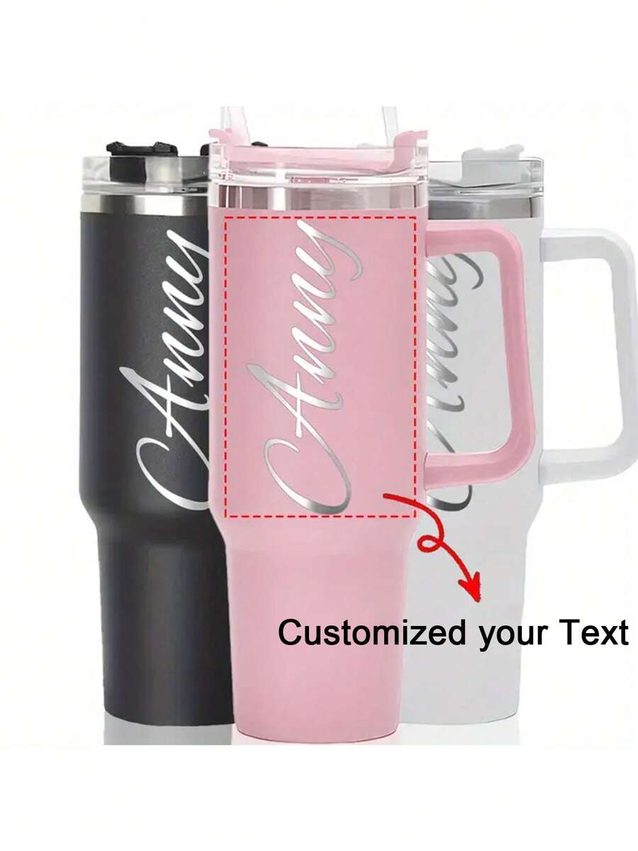 1pc Customized Stainless Steel Handle Auto Mug, Large Capacity Insulated Tumbler, Car Cup, Multi-Color Options, Multi-Functional, Easy To Clean, Reusable