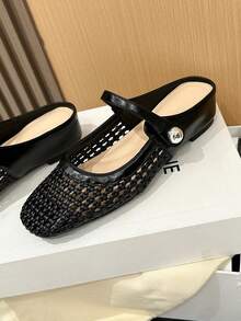 Xin Jing Shoes 2025秋季女士平底鞋时尚百搭编织镂空绑带平底增高通勤平底鞋穆勒鞋 - 黑色 - 查看 11