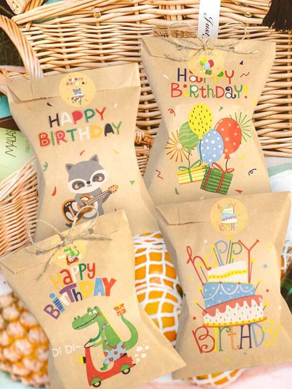 24/48pcs Pieces, Happy Birthday Or Thank You Kraft Paper Bag Cute Rainbow Dinosaur Happy Birthday Gift Bag Retro Flower Party Gift Bag Candy Biscuit Supplies, Baby Party Gifts, Birthday Decorations, Party Gift Decorations, Baby Shower