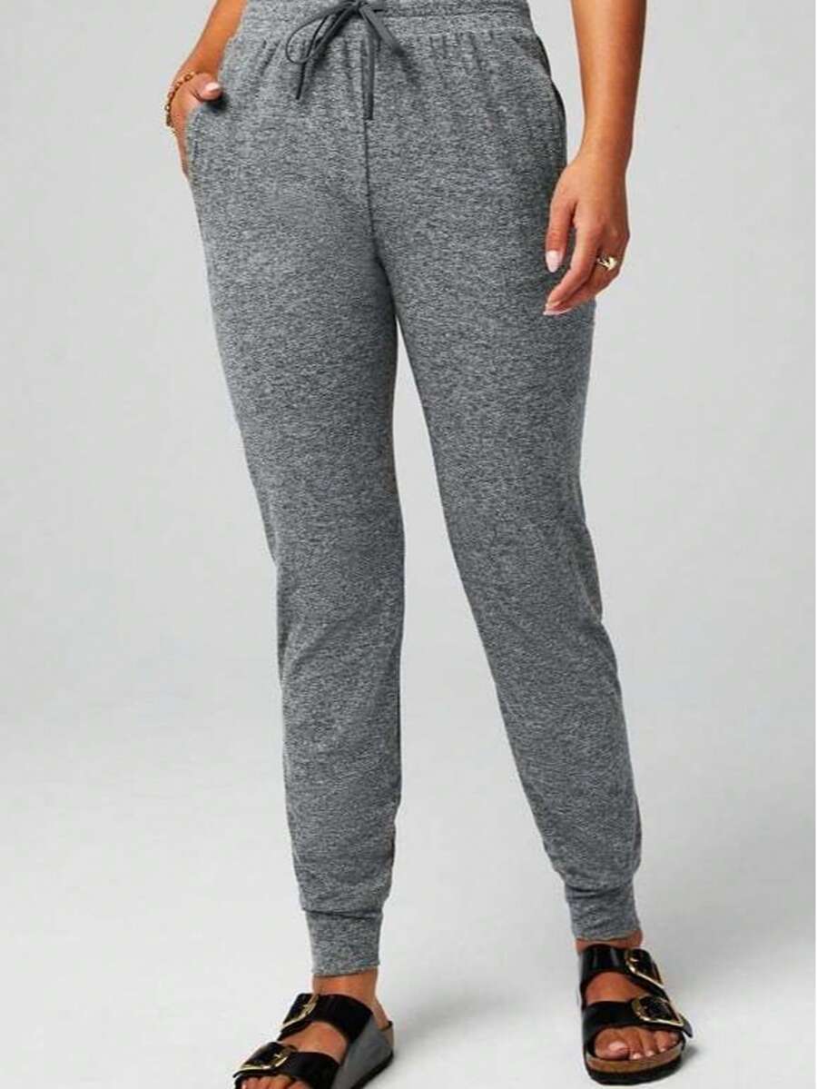 Women's Casual Sports Pants With Drawstring And Pockets - Comfortable Stretchy Solid Color Sweatpants, Solid Color Drawstring Pockets Knotted Design - Grey - View 1
