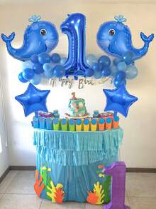 5pcs Blue Whale Theme Balloon Set, Including Blue 0-9 Number Foil Balloons, Blue Star And Blue Whale Balloons, Suitable For Boy Or Girl Birthday Decoration, Baby Shower, Ocean Theme - Multicolor - View 6