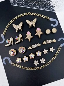 22pcs Gold Chain, Crystal Heart, Letter LOVE, ABS Rhinestone Pearl Butterfly, High Heel, Crystal Pentagram, Flower Shoe Buckle DIY Decorations, Multifunctional Shoe Clips Suitable For Women's Sandals, Slippers, Beach Bags, Great For Holiday & Birthday Party Gifts