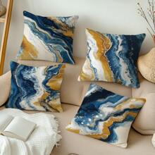 4pcs Blue & Gold Marble Pattern Throw Pillow Covers, 17.7*17.7in (45*45cm), [Single-Sided Printing], Animal Print Polyester Cushion Covers, Room Decor, Home Decor, Bedroom Decor, Room Decoration Stuff For Sofa, Bed, Living Room, Bedroom, Car, Office, Hotel, Suitable For All Seasons, Perfect Gift For Family & Friends