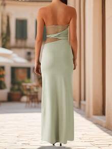 Women's Summer Long Tube Dress Sheer Lace Patchwork Sleeveless Strapless Backless Bodycon Ankle Length Dress - 綠色 - 查看 5
