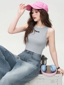 女士棉质无袖短款背心，修身美式风格，百搭夏装 - 23CH1114淺藍色 - 查看 2