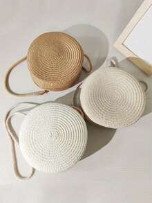 女士时尚圆形编织斜挎包 - 手工编织草编单肩包，非常适合海滩度假，有卡其色、白色和奶油色可选，时尚手提包，波西米亚风格，拉链开合，沙滩包配件 - 彩色 - 查看 2