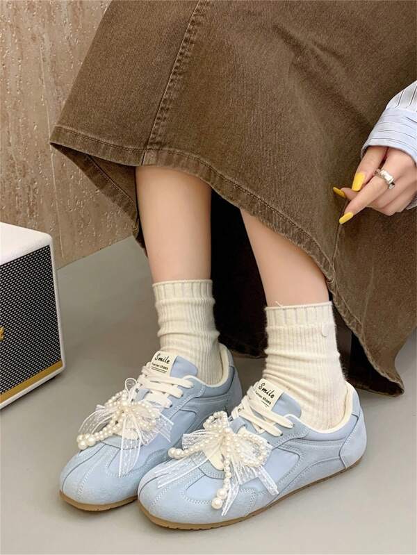 Women's Low-Top Lace-Up Athletic Sneakers, Embellished With Delicate Pearls And Soft Bow Accents, Flexible & Cushioned Sole For Comfortable Walking, Versatile For Street Or Casual Wear