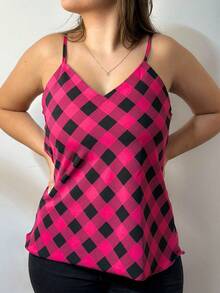 Women's Tank Top With Adjustable Straps Basic Crepe Strappy Top - Pink Chess - View 3
