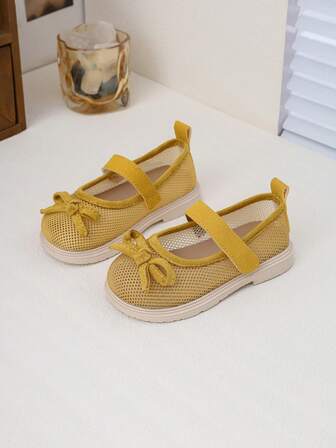 Kids Breathable Mesh Flat Shoes, Girls Princess Soft Sole Anti-Slip School Shoes, Summer Elegant Loafers, Student Versatile Low Vamp New Style British Round Toe Yellow Mesh Shoes