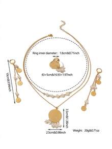 1 Set Vintage Schmuckset aus Kupferlegierung mit Perlenquasten, Münzanhänger, Ohrringe, Ring und Halskette, geeignet für den täglichen Gebrauch von Frauen und als Urlaubsgeschenk - Goldgelb - Übersicht 3