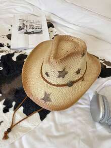 New Outdoor Beach Hats, Sun Hats, Men's And Women's Spray-Painted Five-Pointed Star Denim Straw Hats