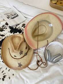 New Outdoor Beach Hats, Sun Hats, Men's And Women's Spray-Painted Five-Pointed Star Denim Straw Hats
