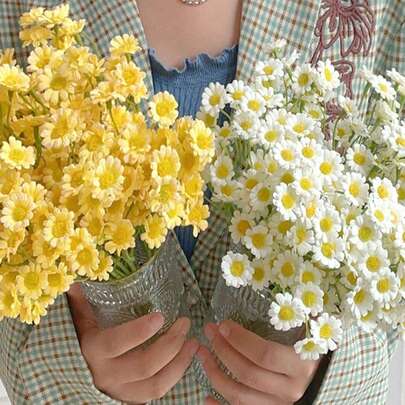 12 件黄色人造雏菊花小雏菊花束，高端奢华 Ins 风格洋甘菊和雏菊人造花束，家居和摄影装饰，适用于餐桌和客厅，情人节，生日毕业礼物，婚礼布置，花瓶中心装饰，DIY 家庭派对，用于居家房间装饰美学