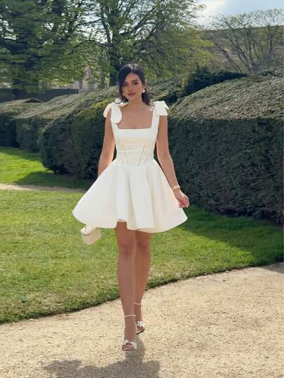 Vestido de verano casual y elegante para resort, de unicolor, con lazo de cinta decorativo y forro