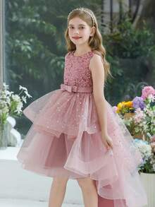 少女优雅亮片拖尾薄纱公主裙，适合生日派对、婚礼、花童、舞会、节日场合 - 粉色 - 查看 4