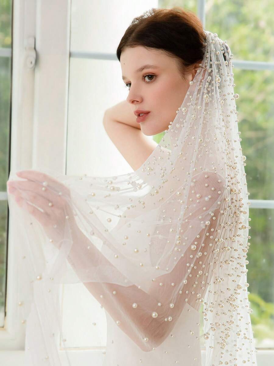 1 件奢华手工珍珠串珠超长拖尾新娘面纱，婚纱配饰 - 白色 - 查看 1
