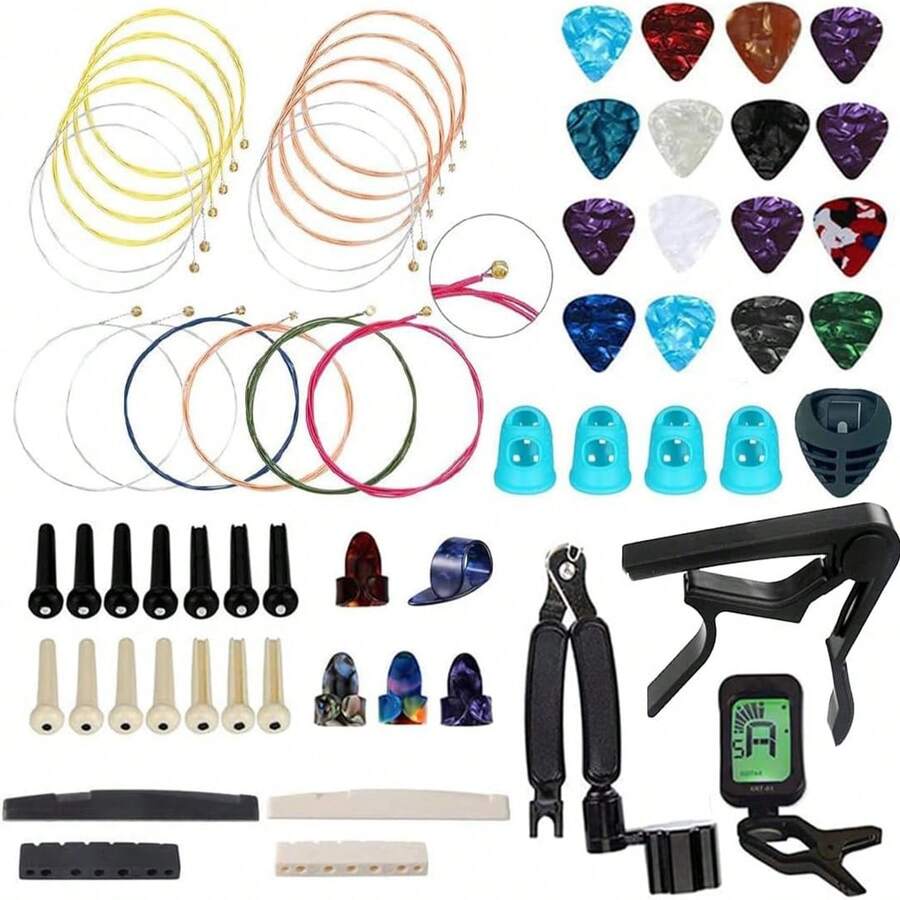Guitar Accessories Kit, Acoustic Guitar Changing Tool, Including Guitar Acoustic Strings, Guitar Picks, Capo, String Winder&Cutter, Tuner, Guitar Bones,For Guitar Players And Guitar Beginners - 彩色 - 查看 1
