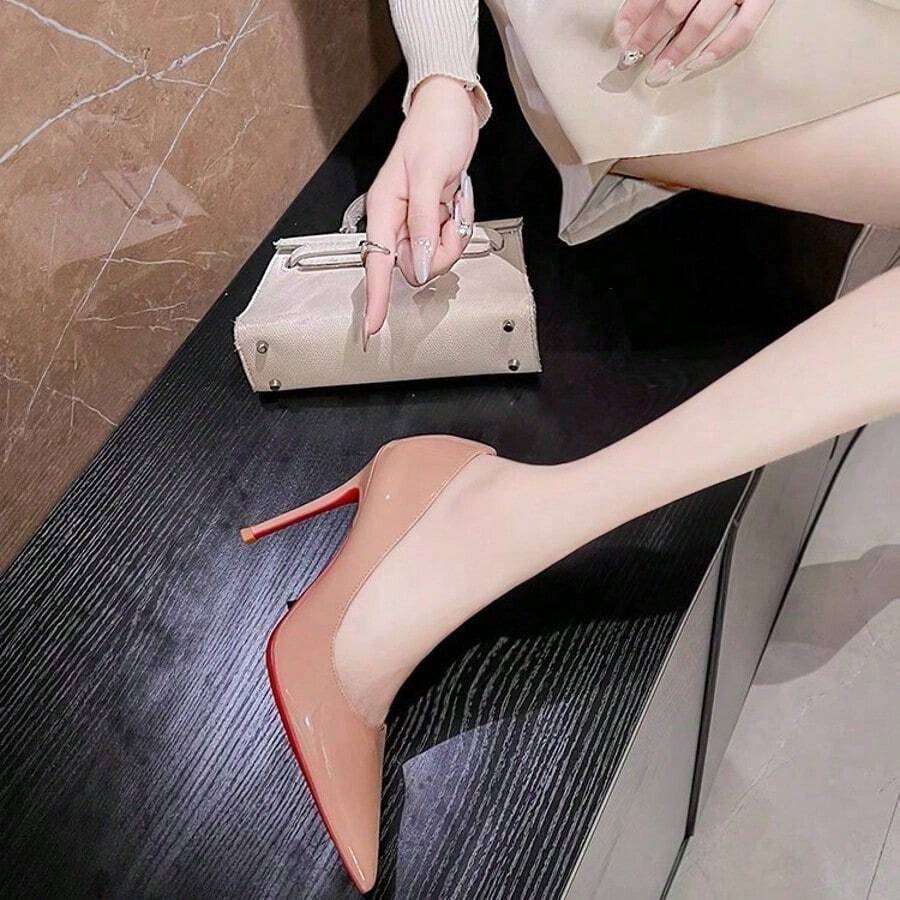 High Heels Red Soles High Heels Black High-End Nude Color New Autumn Temperament Small Design Patent Leather Single Shoes Thin High Heels Female Fashion High Heels Pointed High Heels Baotou High Heels Wedding Bridal Party Ball Sandals - Fondo rojo albaricoque [7CM] - Ver 1