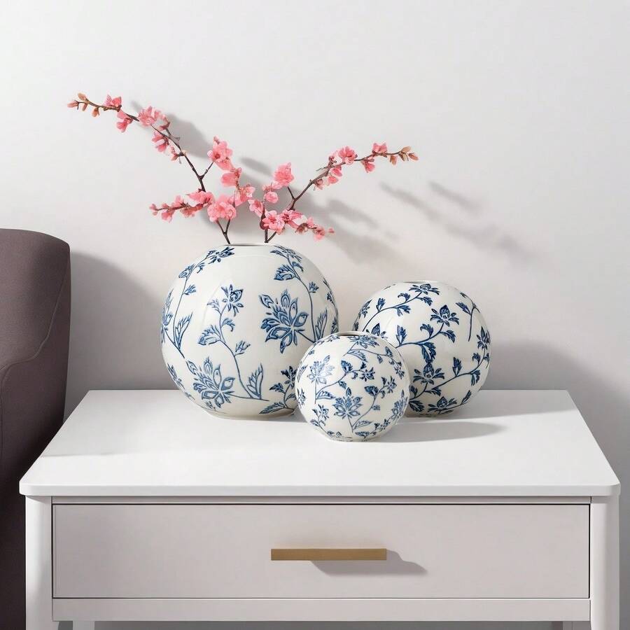 1个法式蓝白瓷花瓶，现代农舍风格家居装饰，干花花瓶，餐桌摆件，创意圆形玻璃花瓶，适用于客厅、婚礼、餐厅、办公室装饰