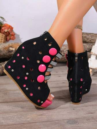 Elegant Colorblock Women's Crystal Embellished Strappy Platform Wedge Sandals - Open Toe, Ankle Strap, High Flatform Heel, Multi-Season Shoes, Colorblock Splice Buckle Decor