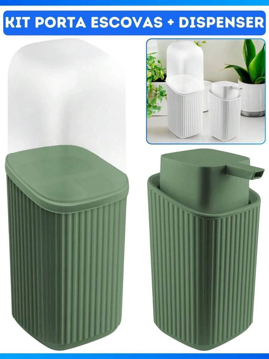 Soap Dispenser And Toothbrush Holder Kit With Lid Modern Design - Green - View 1