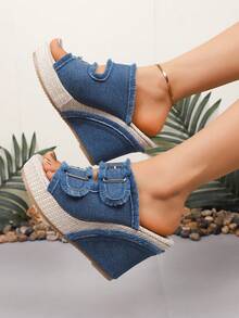 Zapatillas de cuña de talla grande de mezclilla para mujeres, zapatos de playa, talla 43 - Neblina azul - Ver 5