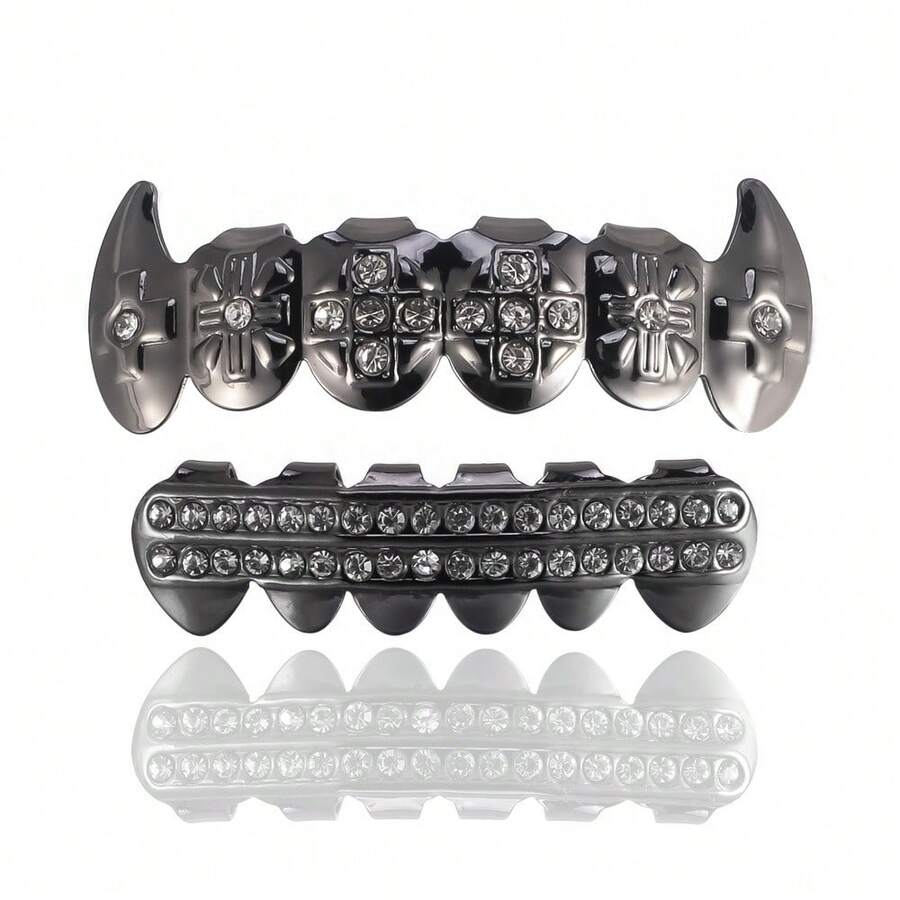 A Set Of Fashionable Hip-Hop Style Upper And Lower Decorative Braces With Artificial Diamonds, Suitable For Men And Women, Halloween Tiger Tooth Vampire Braces - 黑色 - 查看 1