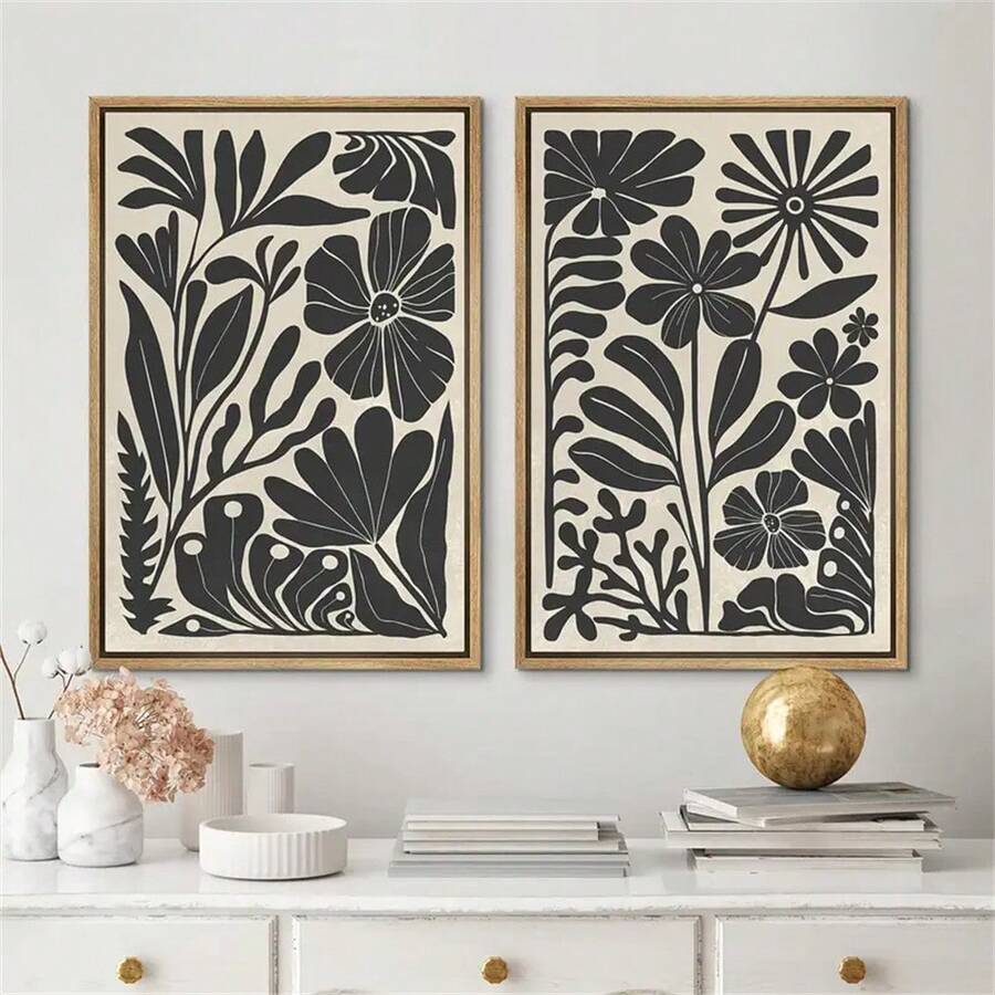 1 件/2 件波西米亚风格抽象花卉植物墙面艺术装饰海报现代简约黑色花卉帆布印刷时尚画作适用于客厅卧室家庭办公室宿舍装饰墙面背景设计图片可选画框