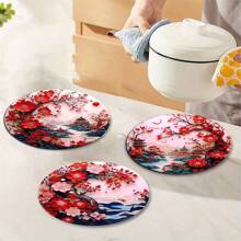 4pcs/Set Plum Blossom Landscape Placemats With Wooden Coasters, Floral Theme For Home & Dining Table Decor, Heat-Resistant & Anti-Scald, Tabletop Protection