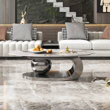 51 Inches Oval Faux Marble Coffee Table For Living Room With Stainless Steel Base - 銀色 - 查看 9