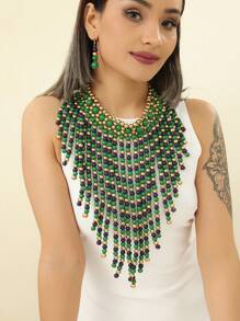 1 Set Di Collana e orecchini fatti a mano, a più strati, con nappine esagerate e perline, adatti per serate, vacanze, stile sud-est asiatico, bohémien, mediorientale, occidentale, retrò, raffinati