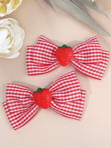 2pcs Girls Strawberry Hair Bow Clips, Strawberry Charm Decorated & Red-White Gingham Print Bows, Cute Kawaii Hair Accessories For Birthdays Spring Summer