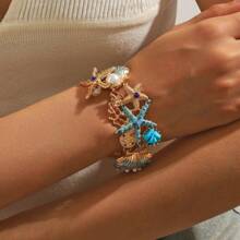 1 Stück Modischer Metall-Muschel & Seestern Armband und Knöchelkette im Strandstil für Damen, Accessoire für Urlaub, Geburtstag, Date, Party, Shopping