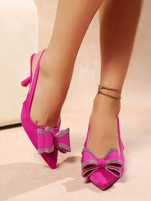 Outdoor Party Magenta High Heels, Pointed Toe With Rhinestone Bow, Solid Color Ankle Strap Thin Heels - Rose Red Rhinestone Bow - View 3
