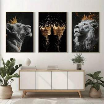 3 piezas Artes de pared de lienzo con corona dorada y león, pósteres de animales, arte de pared moderno para el hogar, pintura decorativa con opción de marco