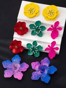 Set de 5 pares de pendientes de botón con diseño exagerado de flores y colores de dopamina, pendientes creativos y de moda adecuados para uso diario y de fiesta de mujeres, colores aleatorios