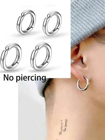 1Pc No Ear Hole Silver Ear Clip On Cuff Earrings Hoop For Women And Men