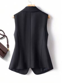 Chaleco sin mangas de mujer de diseño con botones en diagonal, ajuste corto y delgado, versátil para primavera/otoño - Negro - Ver 2