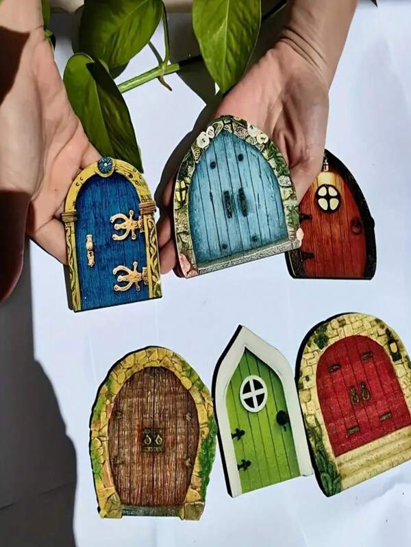 6 stuks mini-sprookjestuindeuren - Unieke plastic feeëndeuren als decoratie, 8 cm hoog, accessoires voor feeëntuinen en buitendecoratie, DIY magisch landschap, blauwe, bruine, groene en rode deuren, speelse tuinaccenten