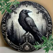 1 pieza Placa metálica 2D, placa decorativa redonda metálica con diseño de corona y cuervo, decoración de pared para hogar/café/apartamento/restaurante/sala de estar, regalo de fiestas, regalo para amantes de las aves, 8" X 8", estilo de perforación aleatorio