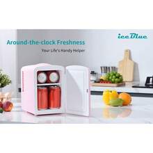 iceBlue 4L Deluxe Portable Mini Fridge - Skincare Fridge With Heating And Refrigeration Functions That Can Hold Up To Six 12-Ounce Cans, Available In Pink And White.