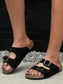 SDEMIN Women's Summer Comfortable Double - Buckle Flat Slingback Sandals, Suitable For Daily Outings, Casual - Style Ladies' Open - Toe Flat Slippers - Black - View 4