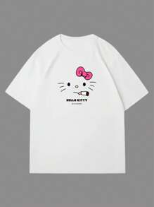 Sanrio 1 Pc Hello Kitty Women Casual Cartoon Print Round Neck Short Sleeve T-Shirt Graphic Shoulder Tees Women Tops Loungewear Base Layers Summer Outfits For Women