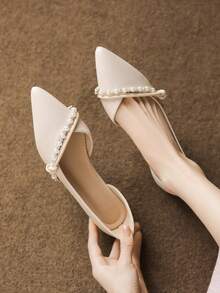 女士平底乐福鞋，新款时尚户外一脚蹬平底鞋，尖头，珍珠水钻装饰，芭蕾平底鞋，纯色女士穆勒鞋，舒适软底软皮船鞋，法式休闲乐福鞋 - 糯米白色 - 查看 2