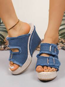 Zapatillas de cuña de talla grande de mezclilla para mujeres, zapatos de playa, talla 43 - Neblina azul - Ver 2